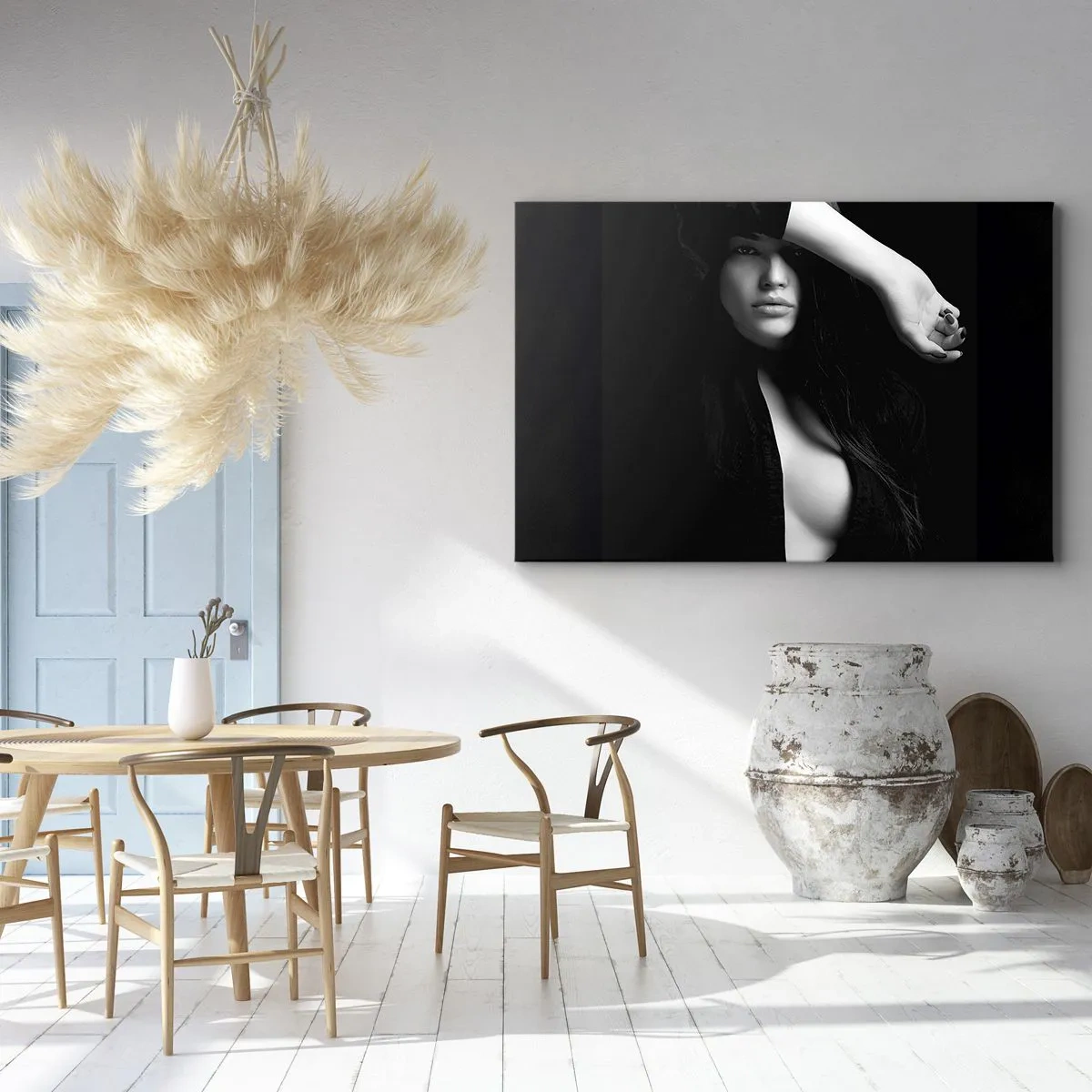 Schilderen op canvas - Stijlvol portret van een vrouw in zwart-wit - 70x50cm - Verleidingsschool - Moderne wanddecoratie voor woonkamer en slaapkamer ARTTOR