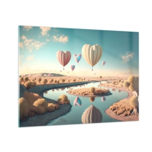 Schilderen op glas - Hartvormige ballonnen boven een sprookjesachtig landschap met een rivier - 70x50cm - Liefde laat je vliegen - Moderne wanddecoratie voor woonkamer en slaapkamer ARTTOR