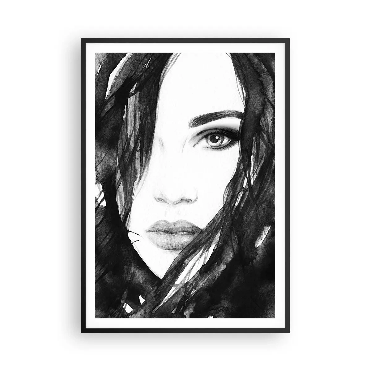 Poster in een zwarte lijst - Portret van een dame in zwart en wit - 70x100 cm