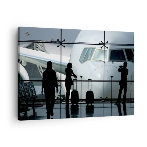Schilderen op canvas - Luchthaven met silhouetten van mensen en uitzicht op het vliegtuig - 70x50cm - Vis a vis op de luchthaven - Moderne wanddecoratie voor woonkamer en slaapkamer ARTTOR