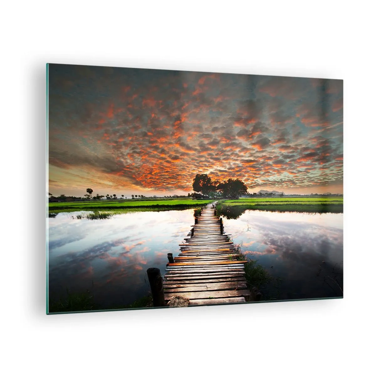 Schilderen op glas - Houten brug over de rivier bij zonsondergang - 70x50cm - Strek je armen - ademen - Moderne wanddecoratie voor woonkamer en slaapkamer ARTTOR