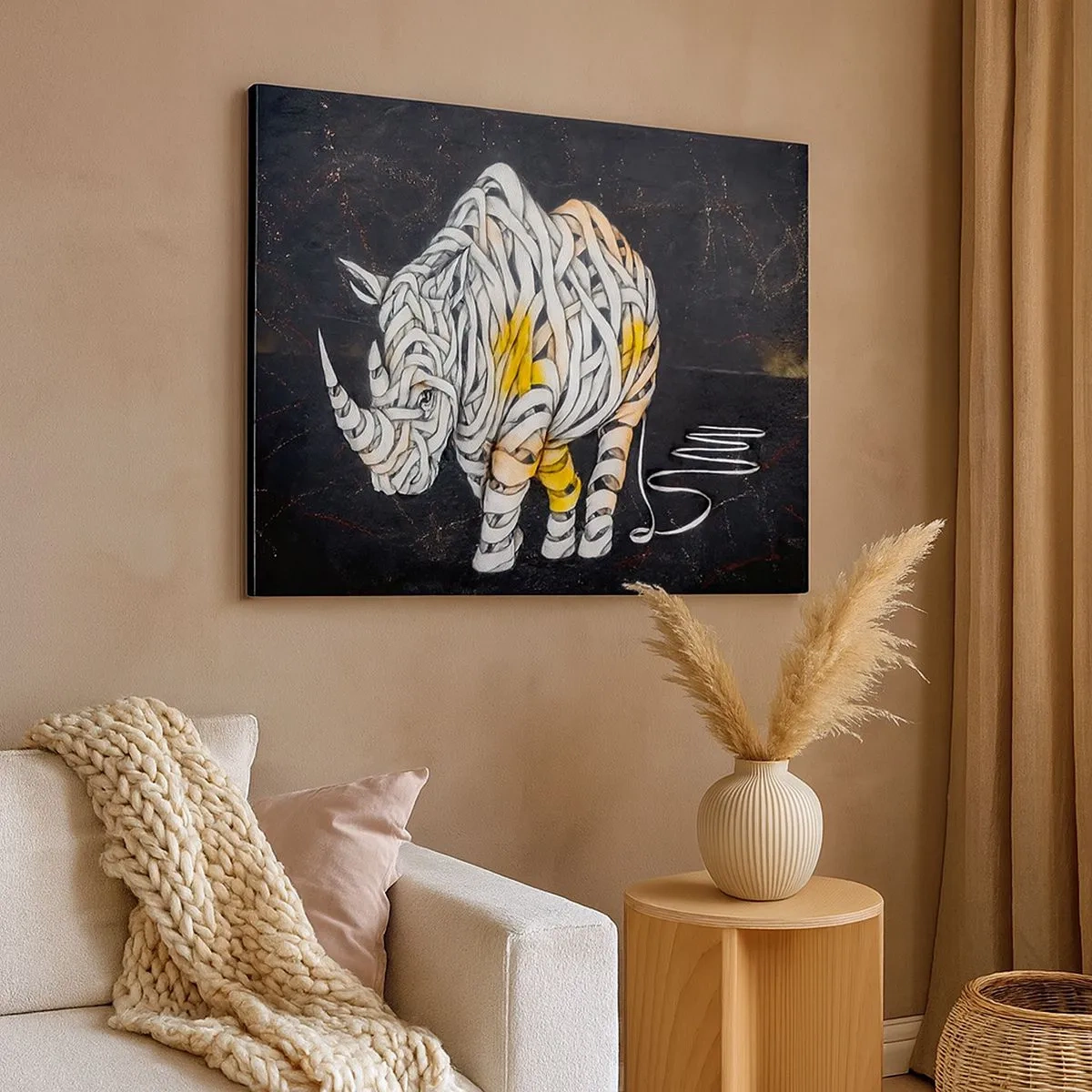 Schilderen op canvas - Een gebeeldhouwde neushoorn met abstracte strepen op een donkere achtergrond. - 70x50cm - Hardvochtigheid is een mythe - Moderne wanddecoratie voor woonkamer en slaapkamer ARTTOR