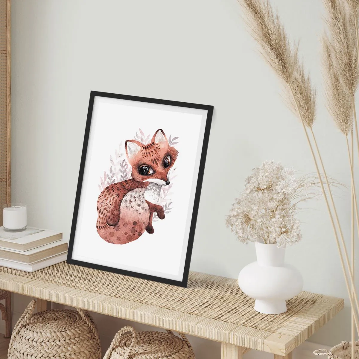 Poster in een zwarte lijst - Een schattige aquarelvos op een witte achtergrond - 50x70cm - Houd er gewoon van - Moderne wanddecoratie voor woonkamer en slaapkamer ARTTOR