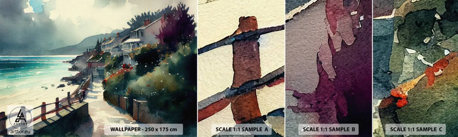 Fotobehang Monster Zelfklevend Deluxe Sticker - Mediterrane stad - Huizen, Landschap, Strand - 100x30 cm