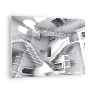 Schilderen op glas - Een labyrint van trappen in een surrealistische ruimte - 70x50cm - De paradoxen van de ruimte - Moderne wanddecoratie voor woonkamer en slaapkamer ARTTOR