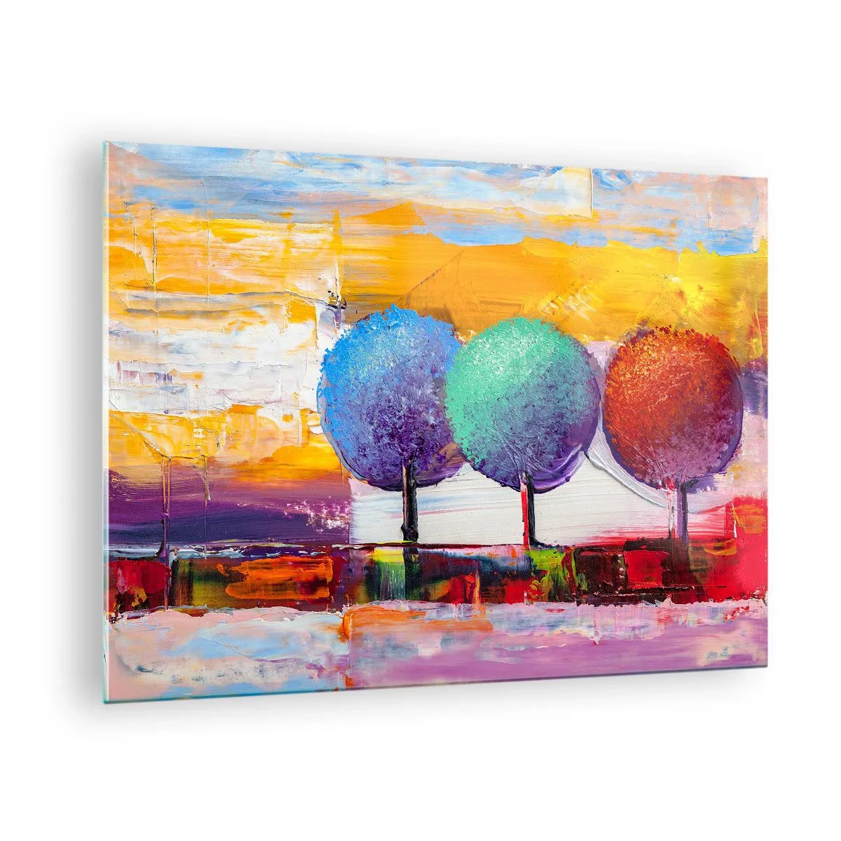 Schilderen op glas - Kleurrijke abstracte bomen op een intense achtergrond - 70x50cm - Driemaal is scheepsrecht - Moderne wanddecoratie voor woonkamer en slaapkamer ARTTOR
