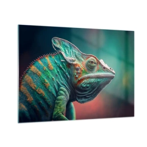 Schilderen op glas - Een kleurrijke kameleon tegen een onscherpe achtergrond in fel licht. - 70x50cm - Jij ziet mij? Niet goed… - Moderne wanddecoratie voor woonkamer en slaapkamer ARTTOR