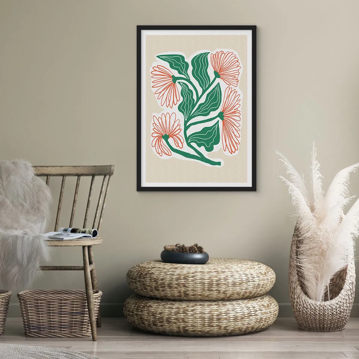 Poster in een zwarte lijst - Abstract bloemen- en bladmotief op een beige achtergrond - 50x70cm - Folk en modern - Moderne wanddecoratie voor woonkamer en slaapkamer ARTTOR