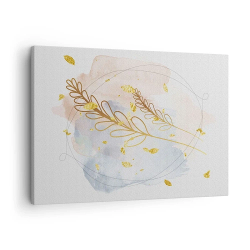 Schilderen op canvas - Een delicaat gouden bladmotief op een pastelkleurige achtergrond met aquareldetails. - 70x50cm - Gouden explosie - Moderne wanddecoratie voor woonkamer en slaapkamer ARTTOR
