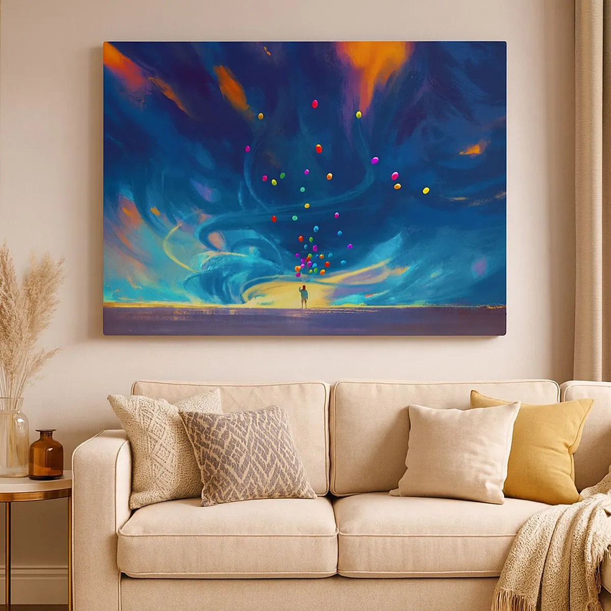 Schilderen op canvas - Een figuur met ballonnen tegen een achtergrond van wervelende, kleurrijke wolken - 70x50cm - Naar de blauwe wind - Moderne wanddecoratie voor woonkamer en slaapkamer ARTTOR