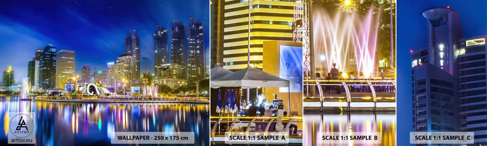 Fotobehang Monster Zelfklevend Deluxe Sticker - Regenboognacht in de metropool - Stad, Bangkok, Architectuur - 100x30 cm