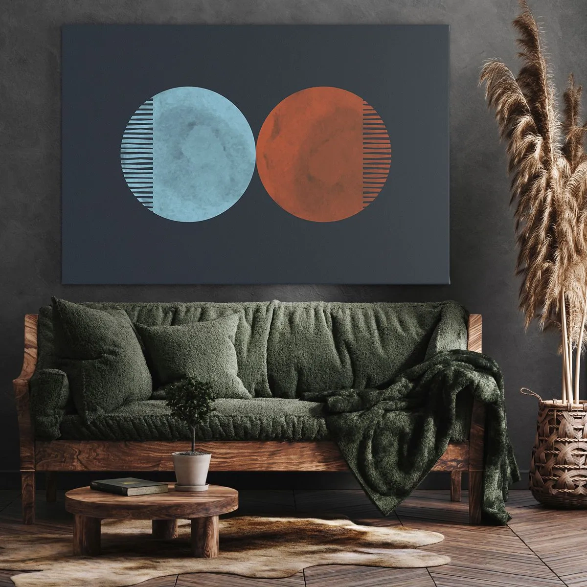 Schilderen op canvas - Minimalistisch tweewielerontwerp in blauw en oranje - 70x50cm - Alleen geometrie? - Moderne wanddecoratie voor woonkamer en slaapkamer ARTTOR