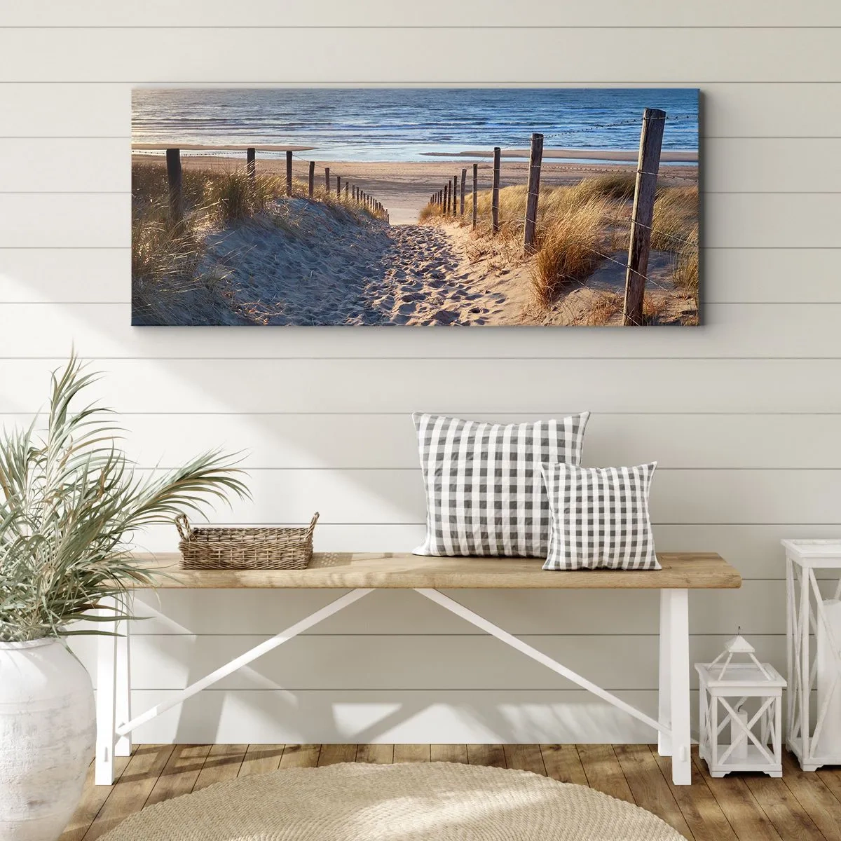 Schilderen op canvas - Het geluid van de zee, het zingen van vogels, een wild strand tussen het gras... - 160x50 cm