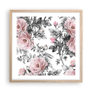 Een poster in een licht eiken lijst - Verdwalen in de bloemen van de rozen - 50x50 cm