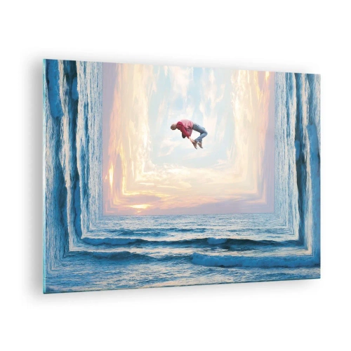 Schilderen op glas - Een man springt over de zee in een surrealistisch kader - 70x50cm - Naar een andere dimensie - Moderne wanddecoratie voor woonkamer en slaapkamer ARTTOR