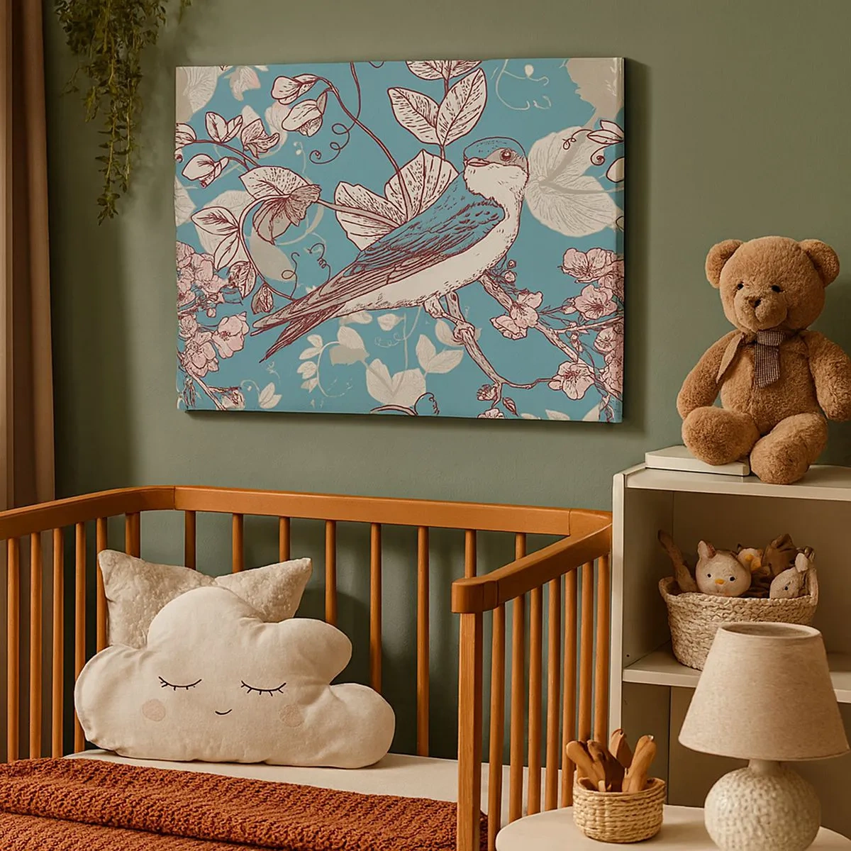 Schilderen op canvas - Een vogel op een tak in een delicate bloemenstijl - 70x50cm - In witte abeel met het zingen van de nachtegaal - Moderne wanddecoratie voor woonkamer en slaapkamer ARTTOR