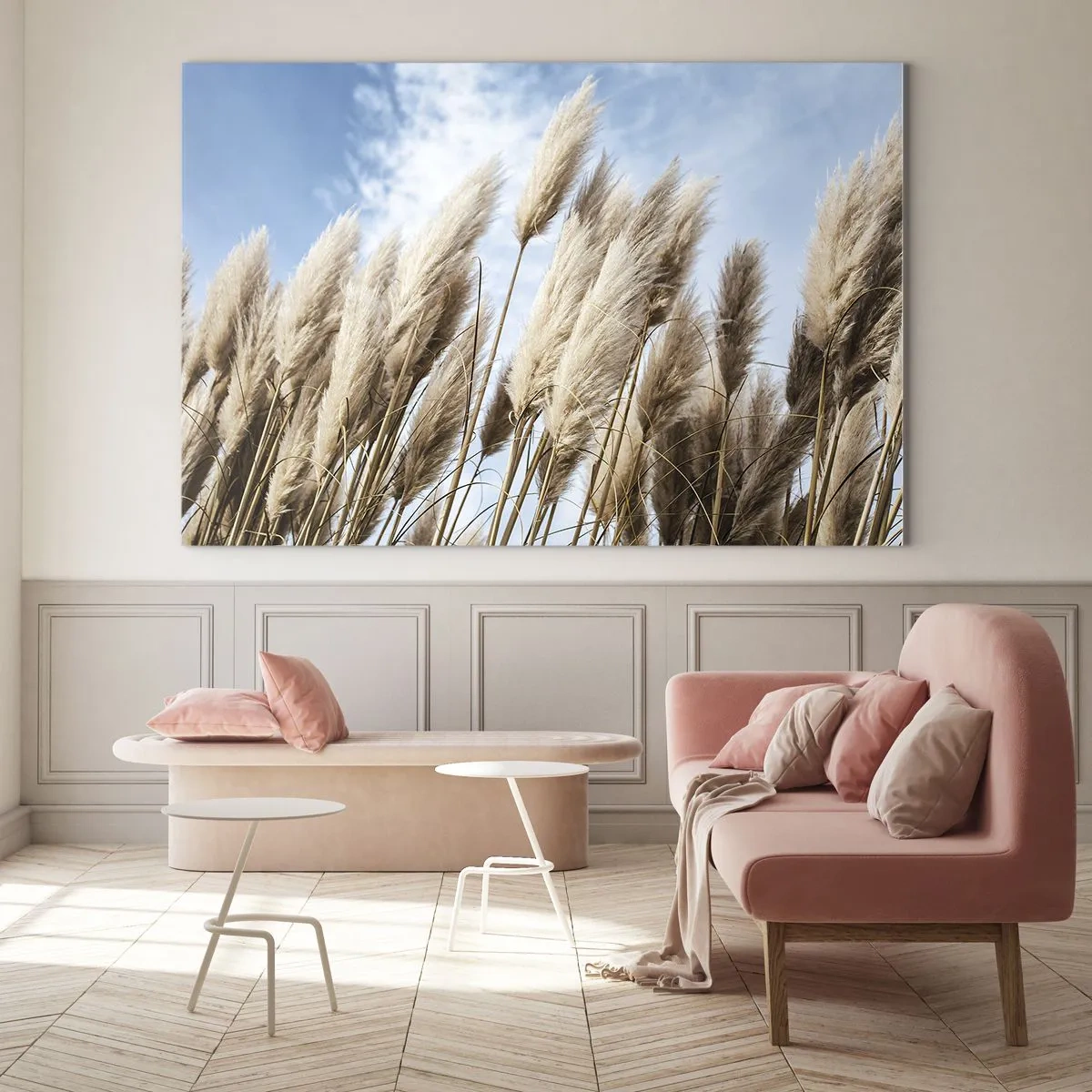 Schilderen op glas - Decoratieve pampasgrassen tegen een blauwe lucht - 70x50cm - Zonnige en winderige streling - Moderne wanddecoratie voor woonkamer en slaapkamer ARTTOR