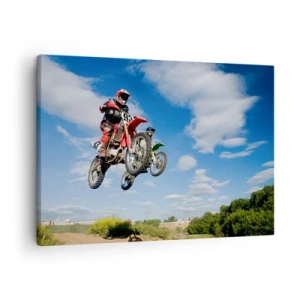 Schilderen op canvas - Motorcrossers in de lucht tijdens een sprong - 70x50cm - Luchtsprong - Moderne wanddecoratie voor woonkamer en slaapkamer ARTTOR
