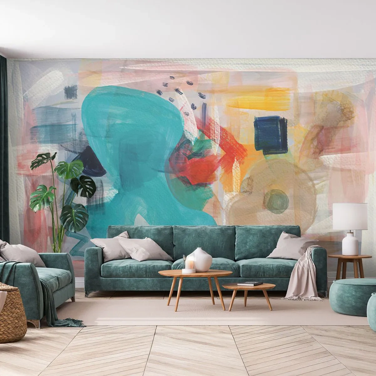 Fotobehang Premium Canvas - Kleurrijk spel - Abstractie, Verven, Deel - 450x315 cm