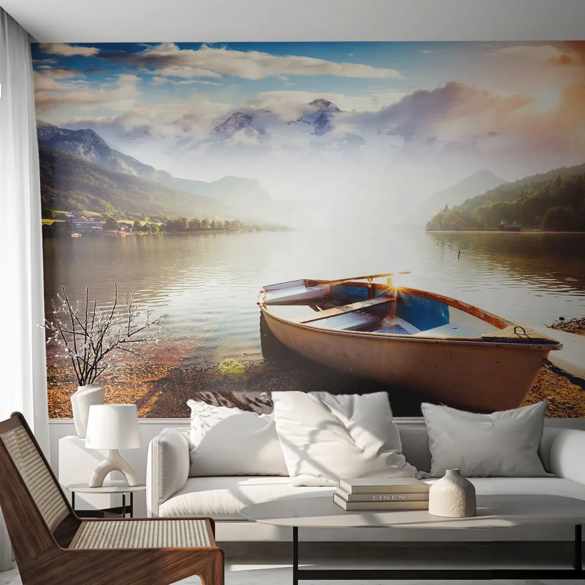 Fotobehang Premium Sand - Bij het grote en heldere water - Landschap, Meer, Bergen - 100x70 cm
