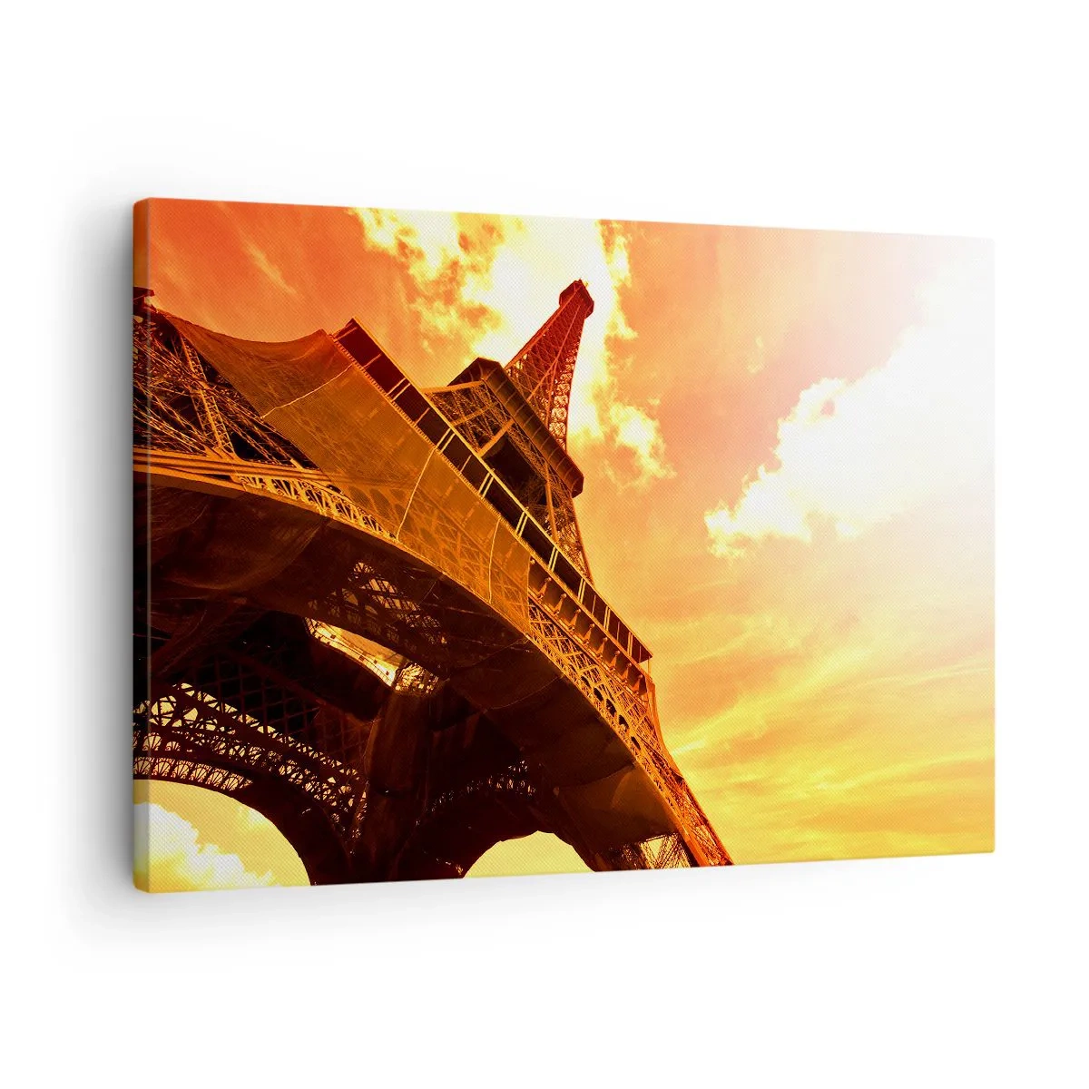 Schilderen op canvas - De Eiffeltoren tegen een gouden lucht tijdens zonsondergang - 70x50cm - Monumentaal, want verguld met de zon - Moderne wanddecoratie voor woonkamer en slaapkamer ARTTOR