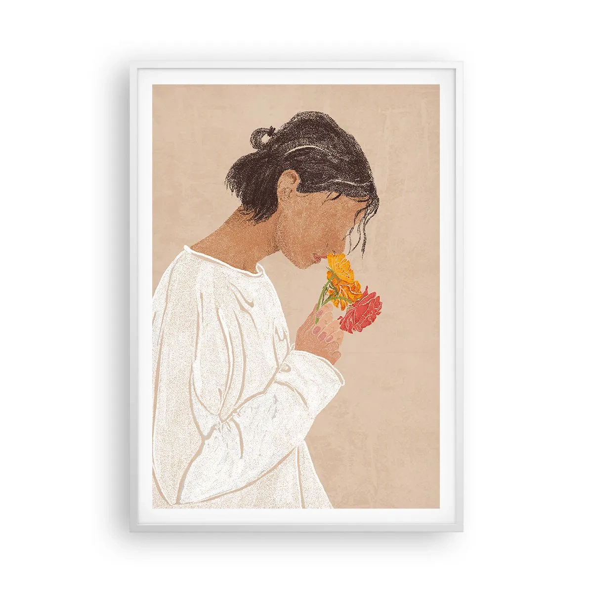 Poster in een witte lijst - Meisje en bloemen - 70x100 cm