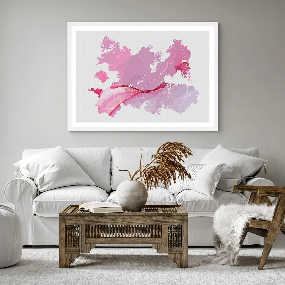 Poster in een witte lijst - Kaart van de roze wereld - 100x70 cm