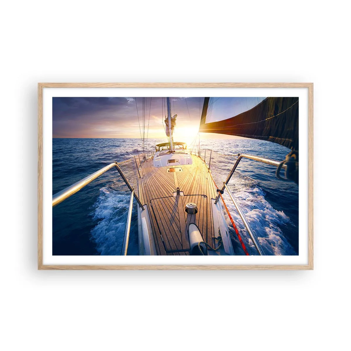 Een poster in een licht eiken lijst - Lopend op de golven - 91x61 cm