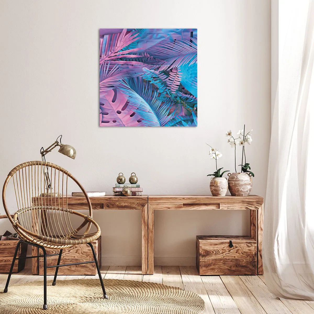 Schilderen op canvas - Tropen in roze en blauw - 70x70 cm