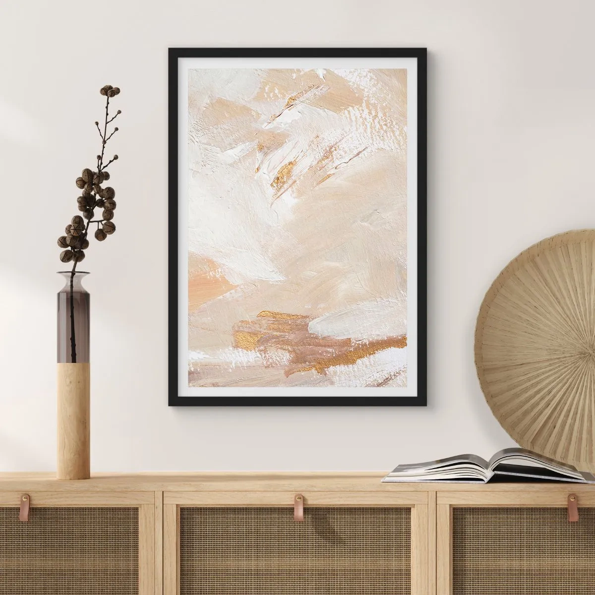Poster in een zwarte lijst - Abstracte penseelstreken in beige en goud - 50x70cm - Pastelkleurige compositie - Moderne wanddecoratie voor woonkamer en slaapkamer ARTTOR