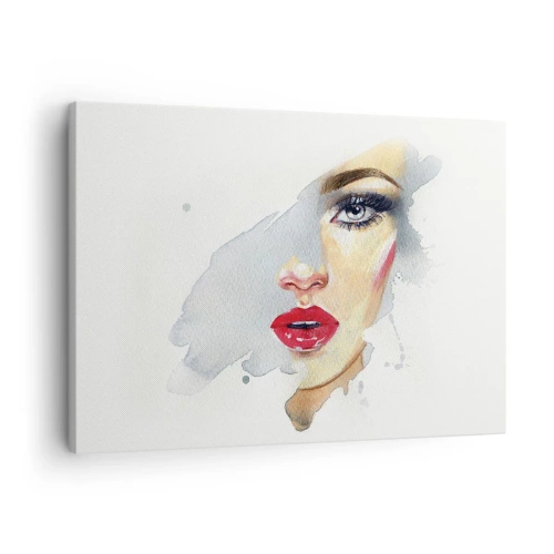 Schilderen op canvas - Een aquarelportret van een vrouw met een intense blik. - 70x50cm - Weerspiegeld in een druppel water - Moderne wanddecoratie voor woonkamer en slaapkamer ARTTOR
