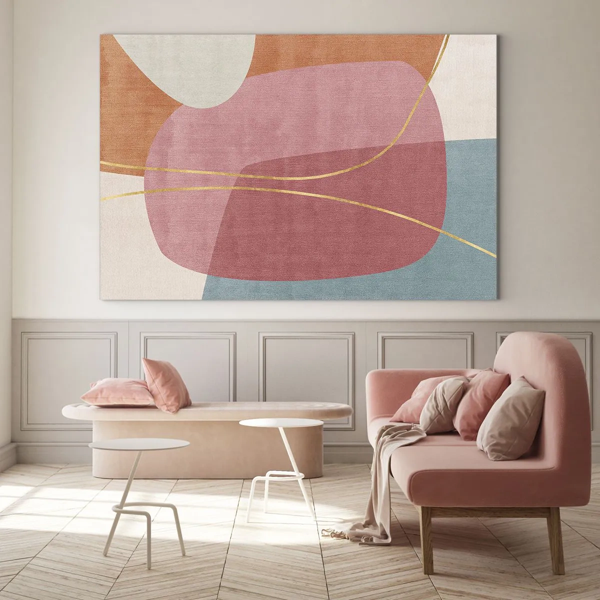 Schilderen op glas - Pastelvormen met kruisende gouden lijnen - 70x50cm - Pastelkleurcompositie met gouddraad - Moderne wanddecoratie voor woonkamer en slaapkamer ARTTOR
