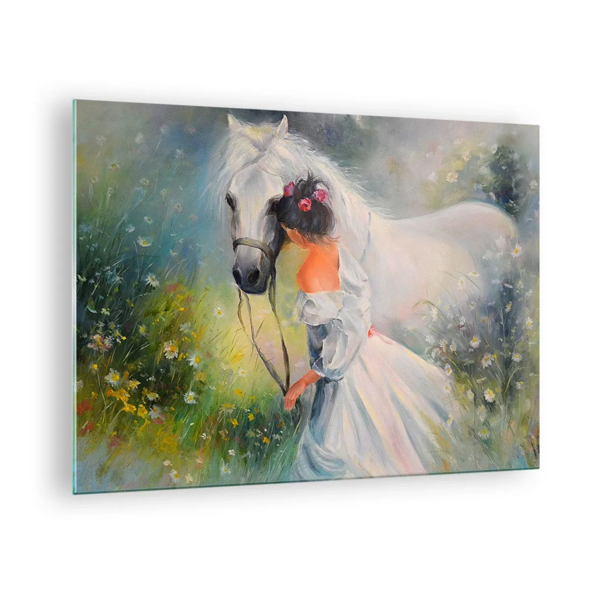 Schilderen op glas - Een vrouw in een witte jurk met een wit paard in een weide vol bloemen. - 70x50cm - Als uit een mooie droom - Moderne wanddecoratie voor woonkamer en slaapkamer ARTTOR