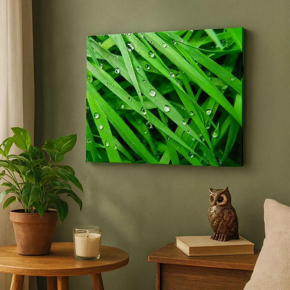 Schilderen op canvas - Close-up van groene grassprieten met dauwdruppels - 70x50cm - Speel groen - Moderne wanddecoratie voor woonkamer en slaapkamer ARTTOR