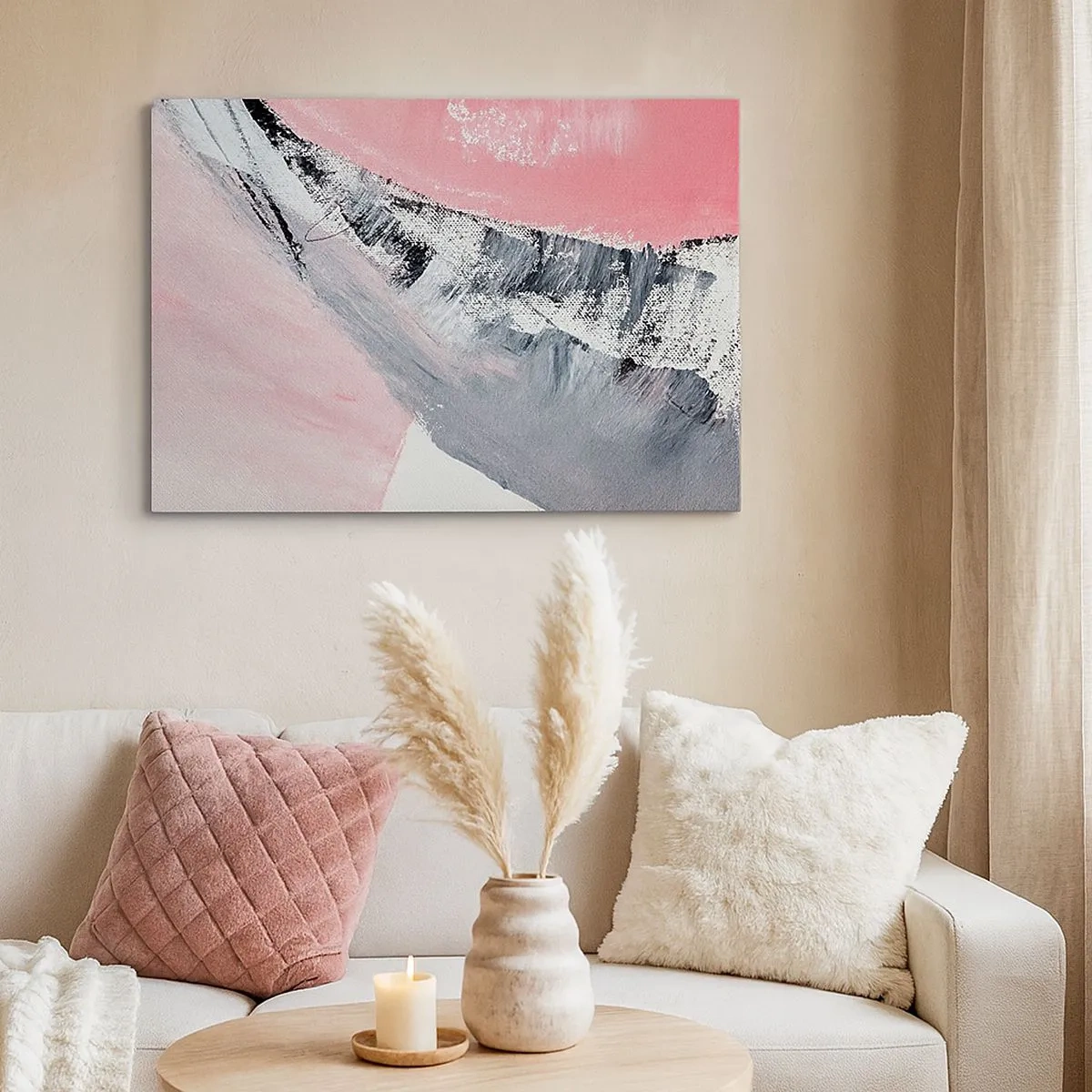 Schilderen op canvas - Een abstracte compositie in tinten roze en grijs. - 70x50cm - Bijpassende compositie - Moderne wanddecoratie voor woonkamer en slaapkamer ARTTOR