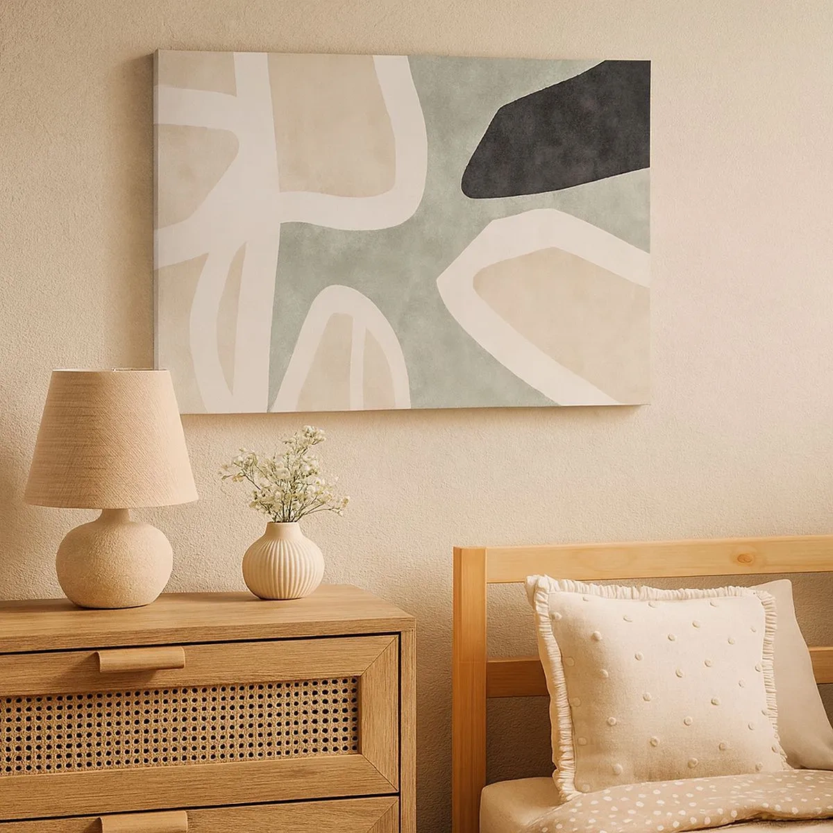 Schilderen op canvas - Abstracte vormen in gedempte kleuren - 70x50cm - Compositie met een zwart motief - Moderne wanddecoratie voor woonkamer en slaapkamer ARTTOR