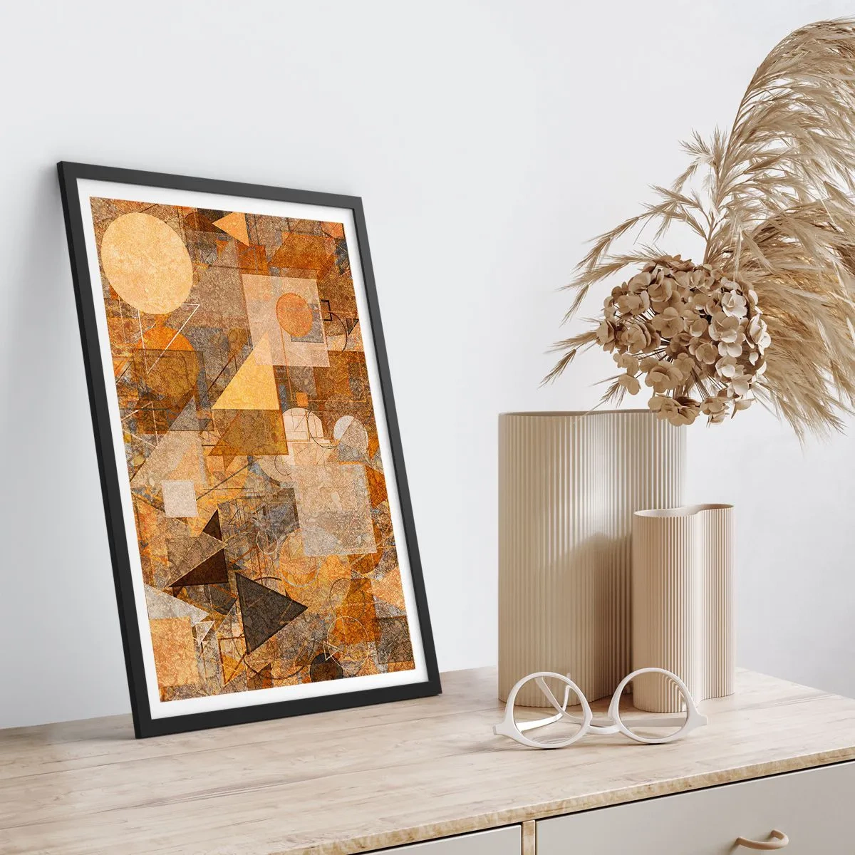 Poster in een zwarte lijst - Een kubistische studie van brons - 70x100 cm