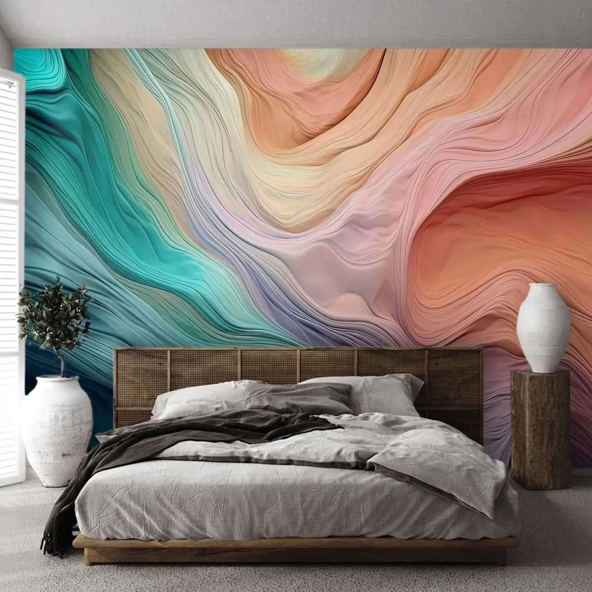 Fotobehang Standard Eco - Regenboog golf - Pastel kleuren, Abstractie, Textuur - 450x315 cm