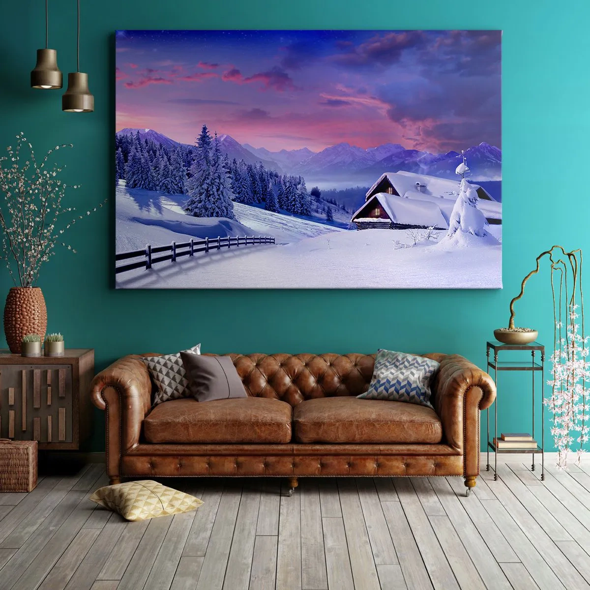 Schilderen op canvas - Winterlandschap met berghutten bij zonsondergang - 70x50cm - Stille nacht - Moderne wanddecoratie voor woonkamer en slaapkamer ARTTOR