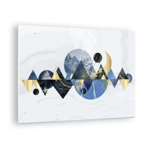Schilderen op glas - Abstracte geometrische figuren in tinten marineblauw en goud - 70x50cm - Geometrisch landschap - Moderne wanddecoratie voor woonkamer en slaapkamer ARTTOR