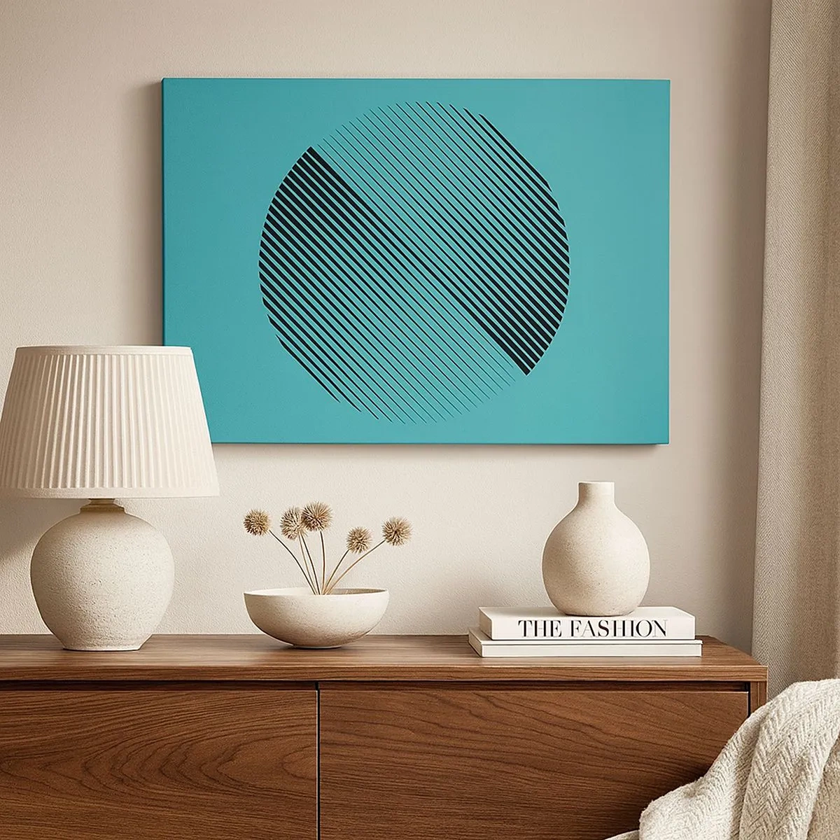 Schilderen op canvas - Een minimalistische cirkel met lijnen op een turquoise achtergrond. - 70x50cm - Cirkel – een geometrische variatie - Moderne wanddecoratie voor woonkamer en slaapkamer ARTTOR