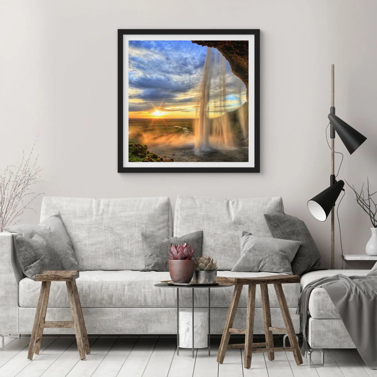 Poster in een zwarte lijst - De wereld achter een sluier van druppels - 60x60 cm