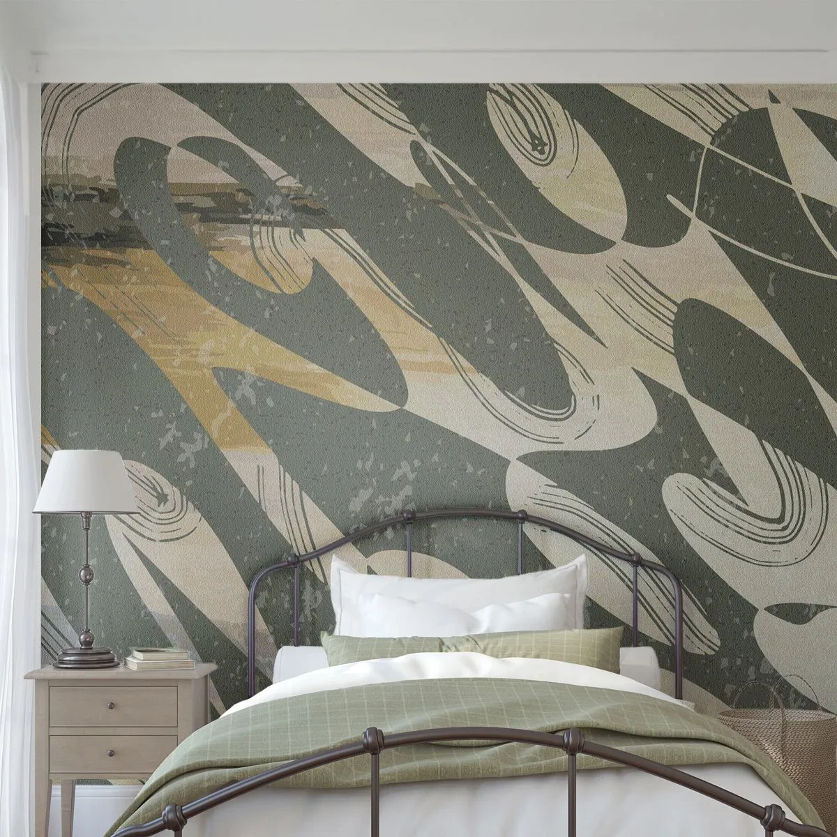 Fotobehang Standard Eco - Een groene en beige compositie met dynamische abstracte vormen - 100x70cm - Ritmische abstractie - Moderne wanddecoratie voor woonkamer en slaapkamer ARTTOR