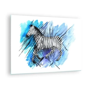 Schilderen op glas - Een zebra in een artistieke aquarelcompositie tegen een blauwe achtergrond - 70x50cm - Verborgen in strepen - Moderne wanddecoratie voor woonkamer en slaapkamer ARTTOR