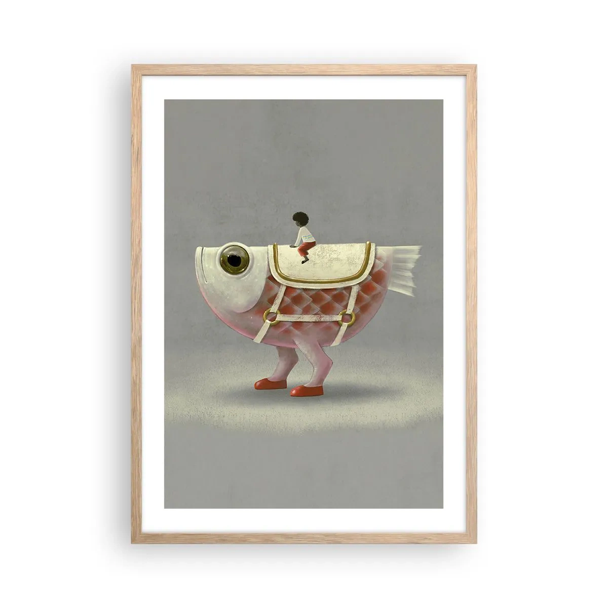 Een poster in een licht eiken lijst - Ruiter op een surrealistische vis - 50x70 cm