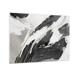 Schilderen op glas - Dynamische streken van zwart en wit met een gouden accent - 70x50cm - Abstractie op grote schaal - Moderne wanddecoratie voor woonkamer en slaapkamer ARTTOR
