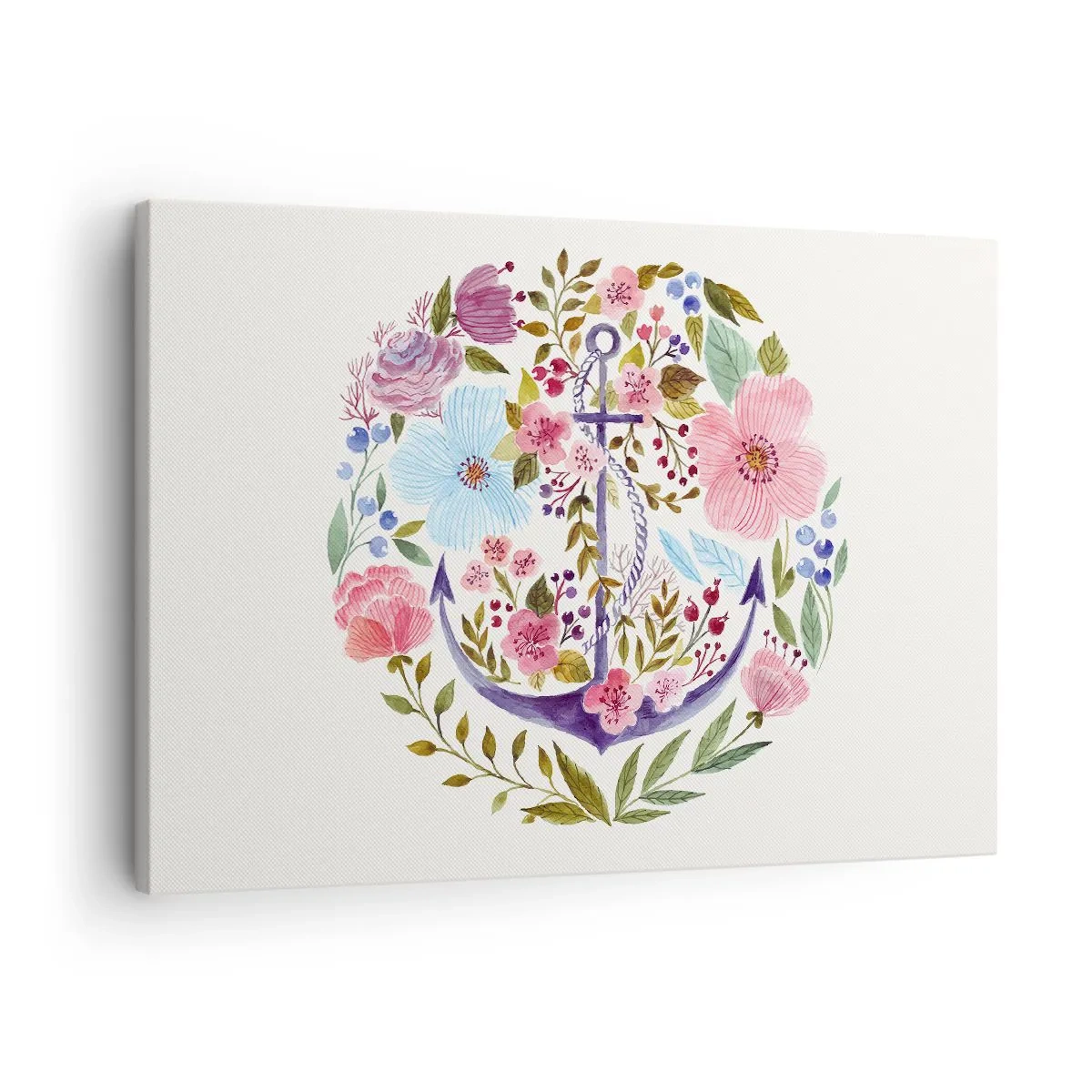 Schilderen op canvas - Een anker omgeven door aquarelbloemen op een lichte achtergrond - 70x50cm - Goede droom van zeeman - Moderne wanddecoratie voor woonkamer en slaapkamer ARTTOR
