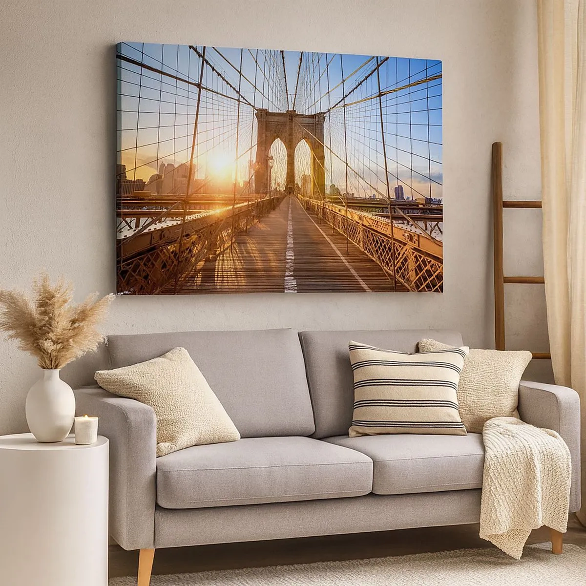 Schilderen op canvas - De brug in het licht van de ondergaande zon met uitzicht op de stad - 70x50cm - Op de gouden brug - Moderne wanddecoratie voor woonkamer en slaapkamer ARTTOR