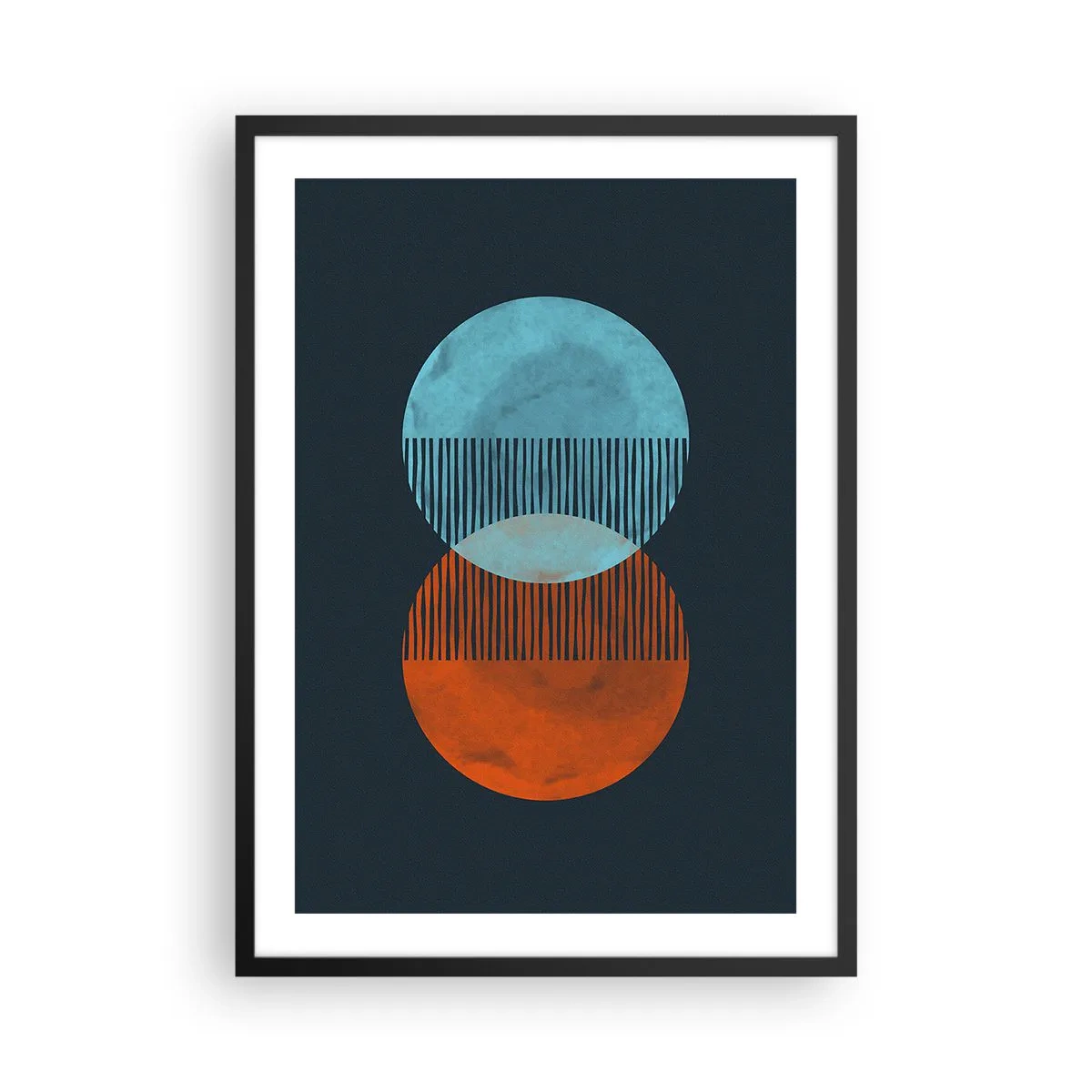 Poster in een zwarte lijst - Abstracte cirkels in tinten blauw en oranje - 50x70cm - Astronomische fantasie - Moderne wanddecoratie voor woonkamer en slaapkamer ARTTOR