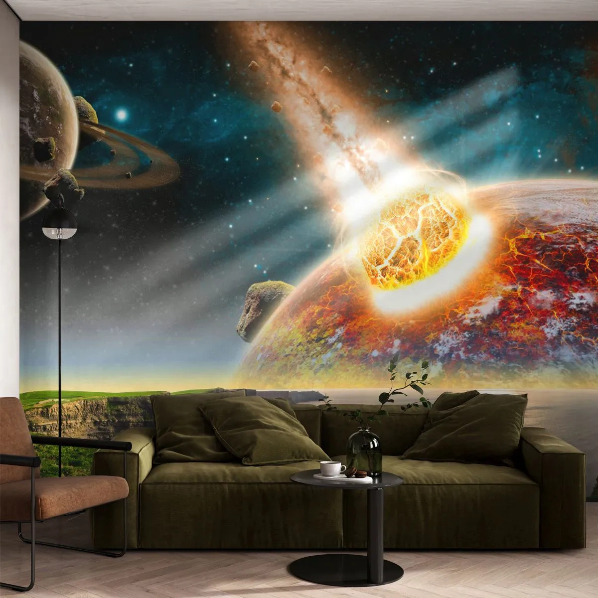 Fotobehang Standard Eco - Botsing van een meteoriet met een planeet op de achtergrond van de ruimte - 100x70cm - Kosmisch drama - Moderne wanddecoratie voor woonkamer en slaapkamer ARTTOR